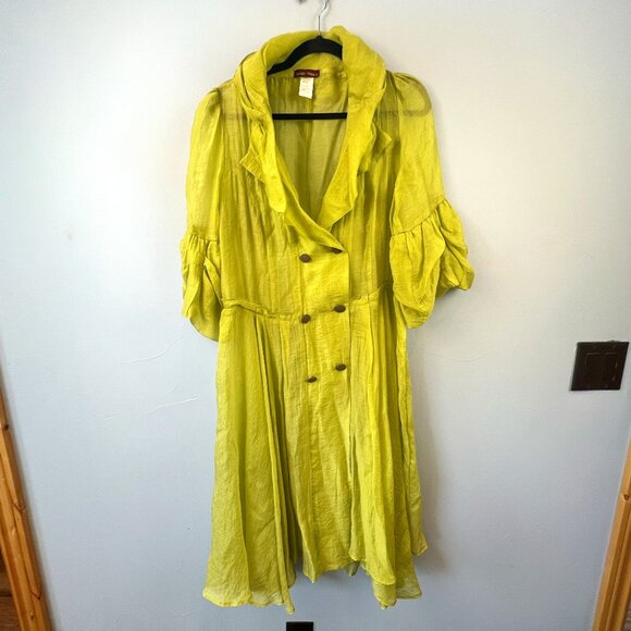 Vintage Design Today's Sheer Chartreuse Fit n Flair Bell Sleeve Midi Dress Sz L - Picture 1 of 8